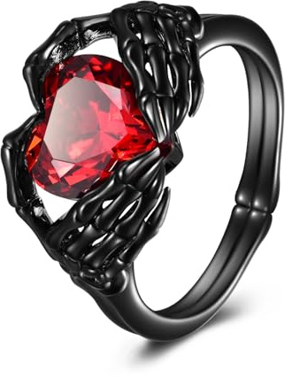 VONALA TIGER RIDER Skull Hand Heart Ring Sterling Silver Halloween Rings Goth Claddagh Jewelry Birthday Gifts Birthday for Women Men (Ruby, 7)