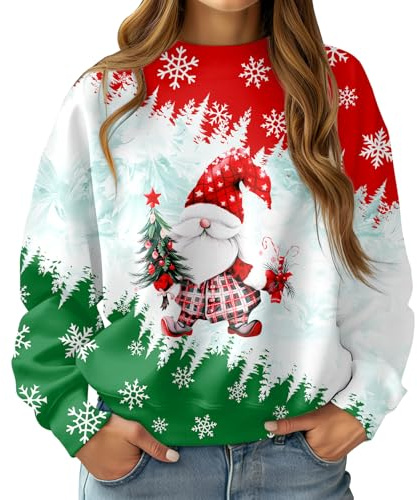 RAISEVERN Noël Sweatshirts Femmes Manches Longues Drôle Horteras Sweat Divertidas Ugly Personalizadas Père Noël Flocons de Neige Rouge Vert, XL
