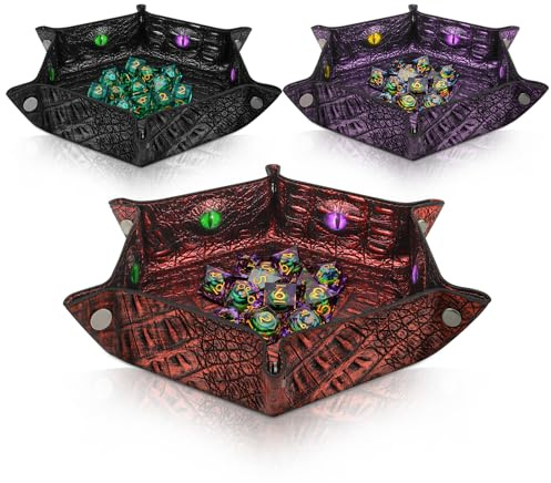 Byhoo Lot de 3 plateaux à dés DND à motif crocodile, plateau à dés hexagonaux pliable, plateau à dés phosphorescent, parfait pour les RPG, DND et les jeux de table (noir/violet/rouge)