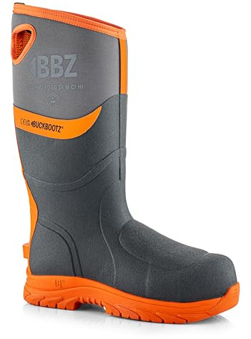 Buckbootz BBZ9000 FULL SAFETY WATERPROOF WELLINGTON BOOT METATARSAL PROTECTION & 360 REFLECTIVE (Grey with hi vis orange, UK Footwear Size System, Adult, Men, Numeric, Wide, 8)