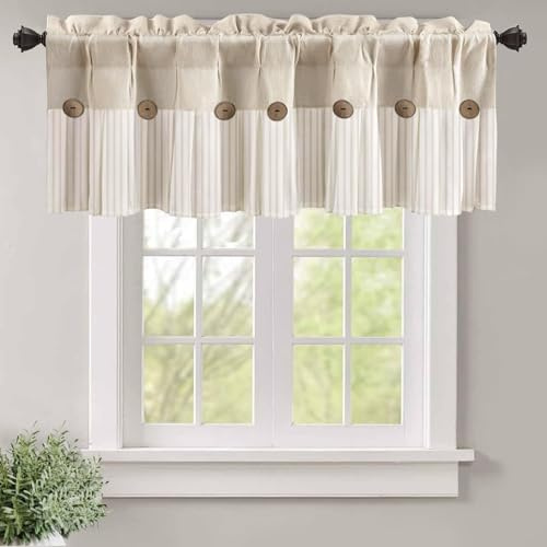 WOUVMA Farmhouse Kitchen Curtains Vintage Linen Window Cafe 18 Inch Length Beige Stripe Valances