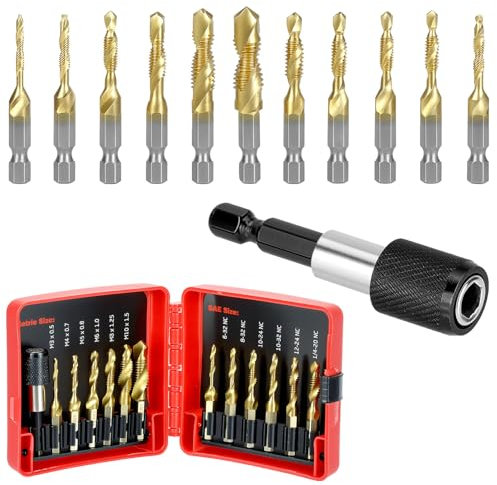 QWORK HSS Gewindebohrer-Set, 13-teilig, SAE/Metrisch, Kombi-Bohrer- und Gewindebohrer-Bit-Set, Gewindebohrer, Werkzeug zum Bohren