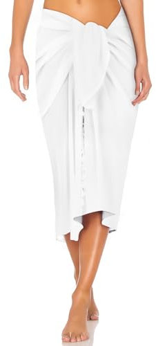 DiULi Strand Wickelrock Sarong, Damen Sarong Pareo Weiß, Wickeltuch Bikini Cover Up mit Quasten, Wickelrock Groß für Strand Rock Swimsuit