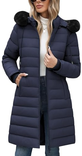 Yuson Girl Abrigos Mujer Invierno Abrigo Acolchado con Capucha Térmico Grueso Chaqueta Forro Polar Largo Elegante Cazadora Cremallera Parka Viento Outwear con Bolsillos