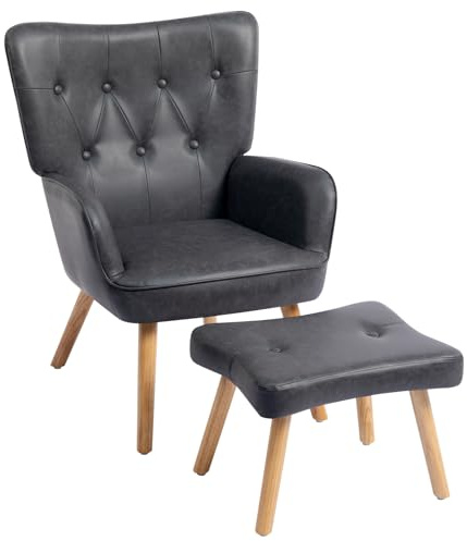 HollyHOME Sillon con Reposapiés Sillón de Lectura Silla Relax de Cuero Cómodos Sillon Salon Dormitorio, Gris Oscuro PU