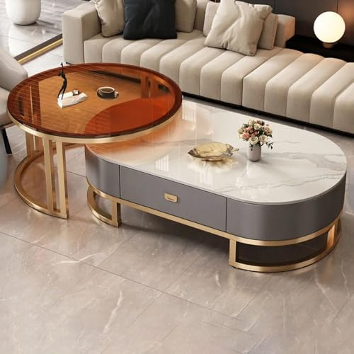 Ovaler Couchtisch aus Stein, mit Schublade, modern, schwarz/grau/weiß, Wohnzimmer-Mitte und Beistelltische, Glasplatte, 120 cm und 80 cm, für stilvolle Wohnkultur