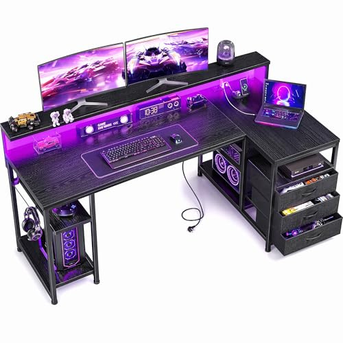 Klyvvo 160x80cm Forma a L Gaming Scrivania Angolare con 3 Cassetti, LED, Reversibile Scrivania con Supporto per Monitor, 2 Presa 2 USB Integrata, Gancio per Lavorare, Gaming,Studiare,Homeoffice,Nero