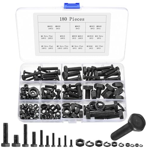 Juego de 180 tornillos hexagonales M4, M5, M6, M8, M10, negro, surtido de tornillos cilíndricos con tuercas