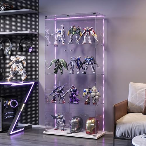 Zorvani Vitrina de cristal con iluminación LED, vitrina de pie con 4 capas de vidrio, armario de exhibición con 2 puertas y cerradura, vitrina de cristal para sala de estar, oficina, piezas de