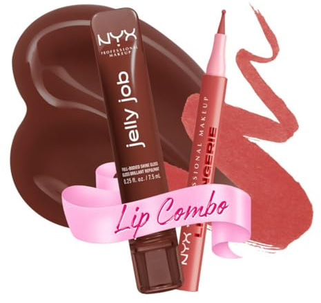 NYX Professional Makeup Lip Bundle, Jelly Job Peptide Infused Jelly Gloss in Jellybean + NYX Professional Makeup Lip Lingerie Lip Liner Stain Seamless All Day Stain Waterproof in Send Nudes