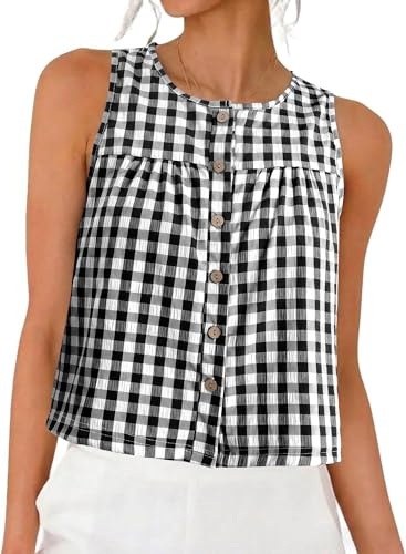 Magritta Women Gingham Tops Summer Shirt Crop Lady Vest Sleeveless Tank Top