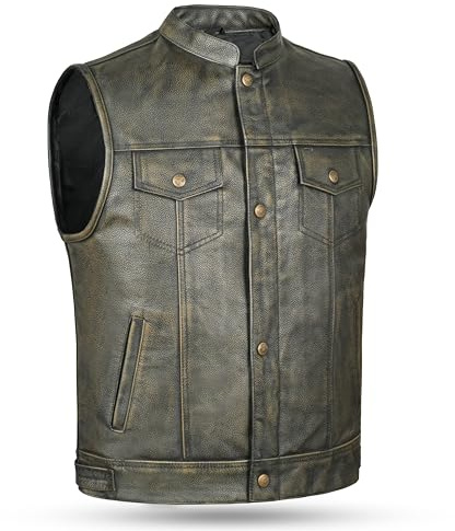 Leatherick Chaleco de motociclista de grano superior para hombre marrón envejecido con botones abiertos para montar y corte de moda de estilo chaleco, estilo SOA (FR/ES, Números, 46, Regular, Regular)