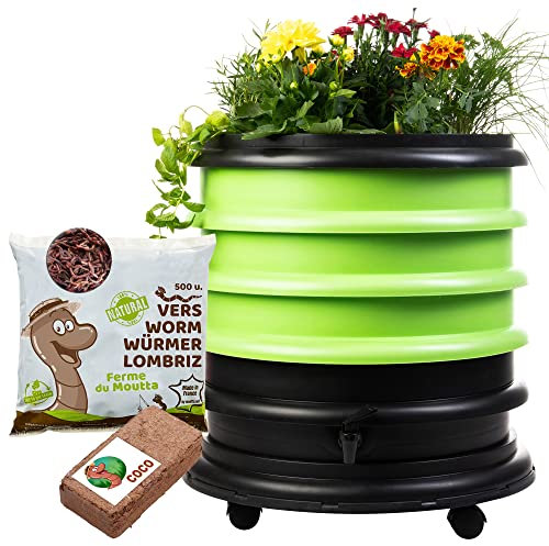 WORMbox | Vermicompostaggio 3 Vassoi Verde + Fioriera per piante + 250g di Vermi Lombrichi / 500 pz. + 1 Cocco | 48 Litri | Compost di Rifiuti Organici Compostiera Vermifuga Lombricompostiera