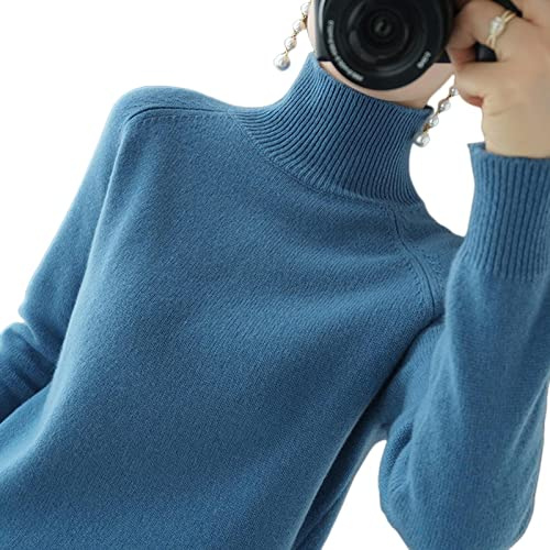 TOBILE Ladies Roll Neck Jumper Turtleneck Faux Cashmere Sweater Women Winter Cashmere Jumpers Knit Female Long Sleeve Thick Loose Pullover-Haze Blue,M