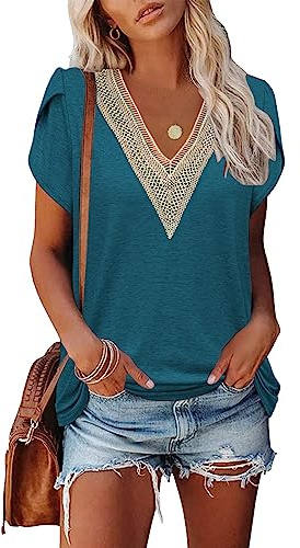 Famulily Short Sleeve Blouse Tops Women, Ladies V Neck Lace Trim T Shirts Fashion Summer Top (M, Deep Green)