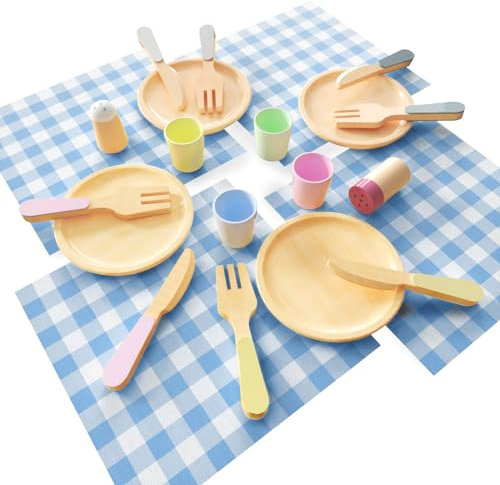 FORMIZON Geschirrset aus Holz für Kinder, Spielküche Zubehör, 18-teiliges Kinderküche Teller Set, Rollenspielzeug Geschenk für Mädchen und Jungen 3 4 5 6 7 Jahre