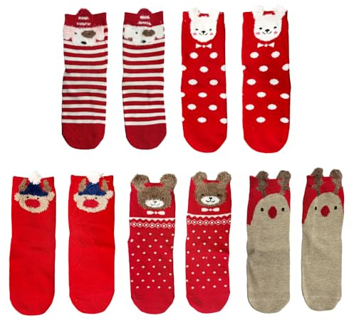 MAXQUU Lot de 5 paires de chaussettes de Noël rouges amusantes en coton pour enfants, chaussettes d'animaux, cadeaux pour garçons et filles, convient pour Noël, fête des enfants (convient pour 6-8