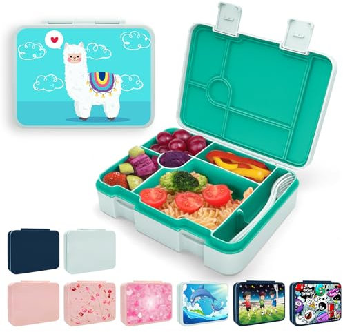 XJIANFU Brotdose mit Fächern,1300ml Auslaufsichere Bento-Box, Kinder-Lunchbox,Auslaufsicher Mit 5 Fächern,Jausenbox Brotbox für,Mädchen & Jungen,Mikrowelle/spülmaschinenfest (Grün-B)