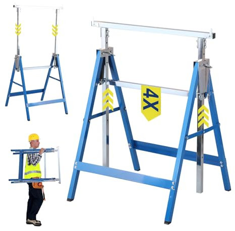 Fiqops Set di 4 cavalletti da lavoro regolabili in altezza, portata 200 kg, cavalletti 7 livelli regolabili in altezza 80-130 cm, stabile cavalletto pieghevole per uso versatile (blu)