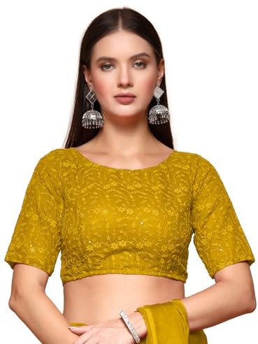 OOMPH! Zari Work Readymade Brocade traditionell etnisk blus med bladmönster och rund hals för att kombinera med sari, bengas eller plazzo för fusion, senapsgul, 34