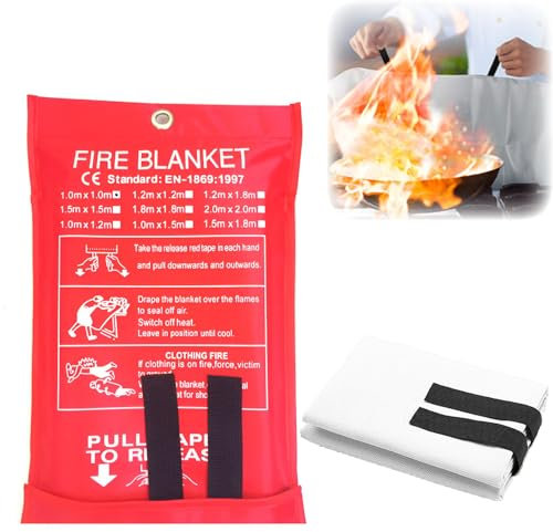 Löschdecke Küche Feuerlöschdecke,Fire Blanket 1m x 1m,Feuerlöschdecke DIN EN 1869:2019 Sicherheit Glasfaser Brandschutzdecke,für Fettbrände im Haushalt,Ölbrände,Einsatz in Küchen,Kaminen,Grills