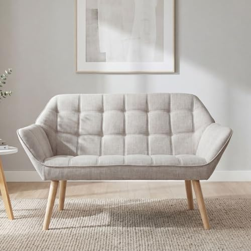 Ya-Home Modern 2 Seater Sofa Linen Upholstered Loveseat Sofa with Solid Wood Legs, Comfortable Padded Couch for Living Room/Bedroom, Beige