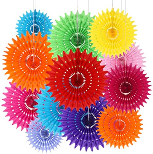 BestoFun Lot de 12 éventails en papier multicolores - Orange et rose - Pompons - Fleurs vertes - Jaune - Bleu - Guirlande de fleurs suspendues - Rose clair - Violet clair - Décoration pour