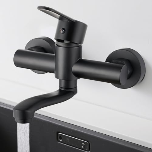 Wasserhahn Wandmontage, 360° Drehbare Edelstahl Wasserhahn Küche Wandarmatur, Kalt und Heiß Einhebelmischer Küchenarmatur Wandmontage, Mischbatterie Küche für Wandmontage, Schwenkarm 15cm, Schwarz