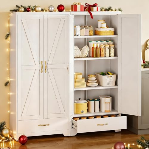 YITAHOME Kitchen Pantry Cabinet, 62 Metal Storage Cabinets with Adjustable Shelves, Farmhouse Organizer Cabinet with Barn Doors, Freestanding Cupboard with Drawer for Dining Living Room, White