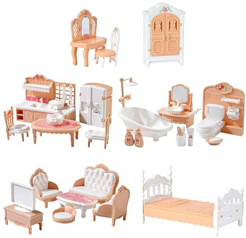 32 Pièces Accessoires Maison de Poupee, Mobilier Miniature pour Maison de Poupée en Plastique, Accessoire Maison de Poupee y Compris la Cuisine, Salle à Manger, Salon, Chambre, Salle de Bains