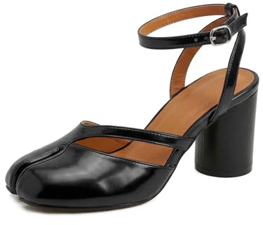 Ojiaoer Women’s Chunky Black High Heel Split Toe Pumps, Ankle Strap Slingback Dress Heels, Black, 4.5 UK