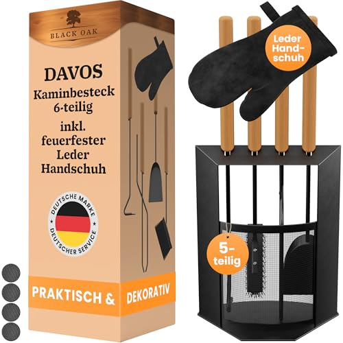 BLACK OAK DAVOS Ustensile de cheminée 5 pièces avec gant en cuir – Ustensile de four élégant et décoratif noir avec manche en bois, support + pince de cheminée, tisonnier et pelle à cendres, fouet