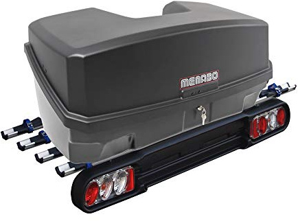 MENABO Race 4 Porte-vélos d’attelage Pliable À 4 supports + Coffre à bagages Boxxy Noir