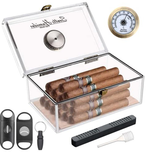 Barattolo/custodia/scatola per umidificatore per sigari in acrilico Scotte con umidificatore e igrometro, humidor che può contenere circa 20 sigari (Clear-1)