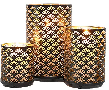 JHY DESIGN Metal Hurricane Candle Lanterns, Set of 3 Pillar Candleholder Vintage Candlestick Holders Retro Centerpieces for Home Wedding Party Indoor Garden Balcony Living Room Dining Table