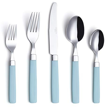 Annova Stainless Steel Cutlery Set with Color Handles - Dinner Forks, Salad Forks, Table Knives, Tablespoons, Teaspoons - Service for 4 (Turquoise)