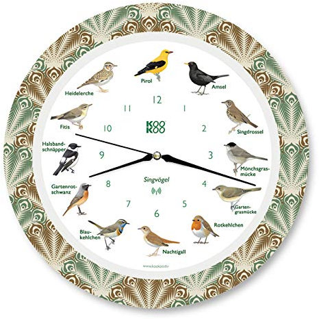 KOOKOO Singvögel Feather Heart, Die Singende Vogeluhr, mit 12 heimischen Singvögeln und echten, natürlichen Vogelstimmen, mit RC Funkquarzwerk