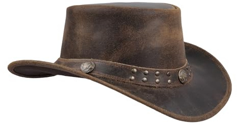 Leatherick Cappello Cowboy - Cappello Stile Western Australiano in Pelle di Cavallo Pazzo con Borchie Marrone con mentoniera (S, Marrone (Borchie))