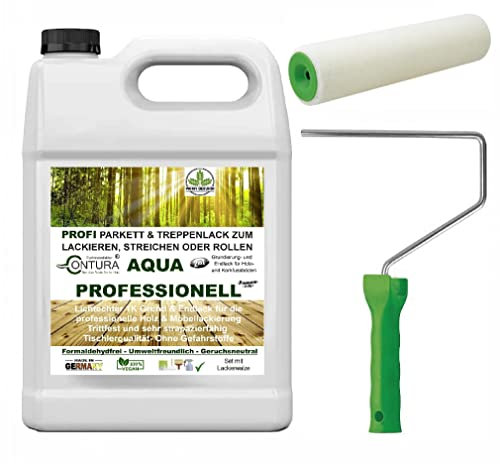 10 Liter Parkettlack im Set inklusive Lackierrolle Grundierung und Parkettsiegel Aqua Professionell Treppenlack 2in1 Holzlack Geruchsneutral 100% Vegan (Glänzend)