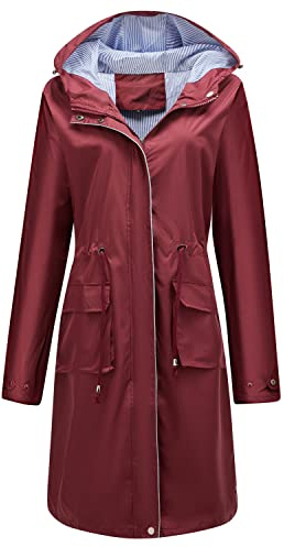 Homgro Women's Hooded Rain Jacket Long Waterproof Raincoat Ladies Fashion Casual Full Zip Anorak Spring Fall Jackets Knee Length Midi Windbreaker Pockets Burgundy Large