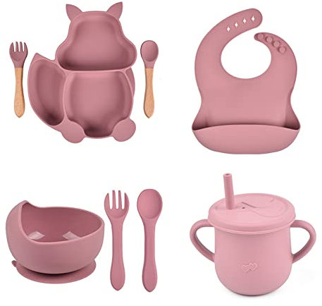 SONARIN Juegos de Vajilla Bebe,8 Piezas Vajilla Bebe de Silicona con Ventosa Plato Cuenco Taza Cuchara Tenedor Babero Vajilla Infantil Libre BPA Vajilla Set para Niños Niñas(Rosa)