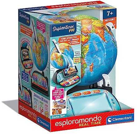 Clementoni Sapientino Più - Esploramondo Real Time, Mappamondo Bambini 7+ Anni, Globo Educativo, Penna Bluetooth e App per Foto e Video in Diretta, 28 Attività, Made in Italy, Lingua Italiana, 16446