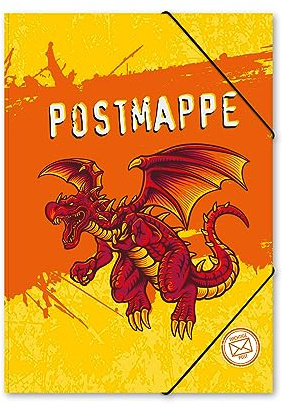 itenga Postmappe aus Karton - Gummizugmappe mit Motiv für Jungen - DIN A4 mit Gummizugverschluss - Sammelmappe Eckspanner (Drache)