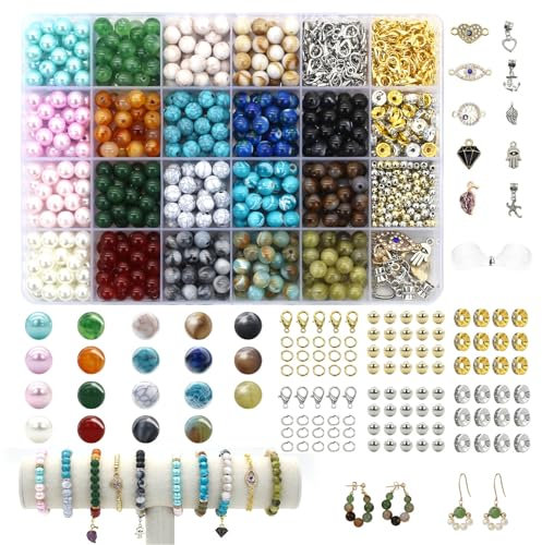 Liangding 1040 Stück Perlen zum Auffädeln, 8mm Perlen Armbänder Selber Machen, Synthetische Edelstein Perlen mit Anhänger Zubehör für DIY Schmuckherstellung Halsketten Ohrringe