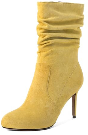 Elashe Bottines pour Femme Bottes Bout Rond Talons Aiguilles Bottes Hautes Talon Slouch Chaussures à Talons Hauts Femmes Chaussure de Soirée Mariage Fête 8.5CM Jaune EU39