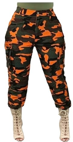 DINGJIUYAN Pantalon cargo pour femme - Camouflage - Combat - Militaire - Tactique - Avec poches - Grande taille - Taille haute - Revers - Sarouel décontracté, Orange, XL