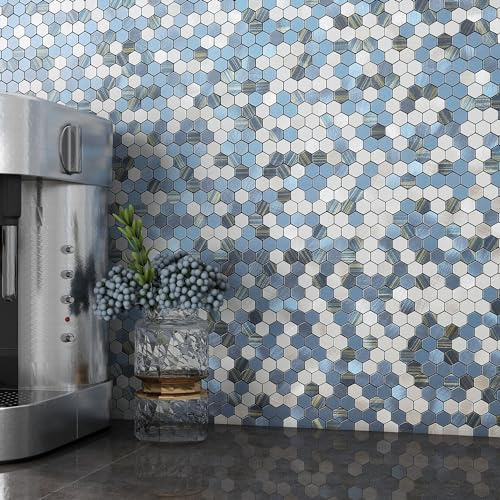 M MOFIT Small Metallic Stick on Tiles Hexagon Self Adhesive Mosaic Wall Stickers Kitchen Bathroom Splashback Fireplace(Blue,10 Sheets)