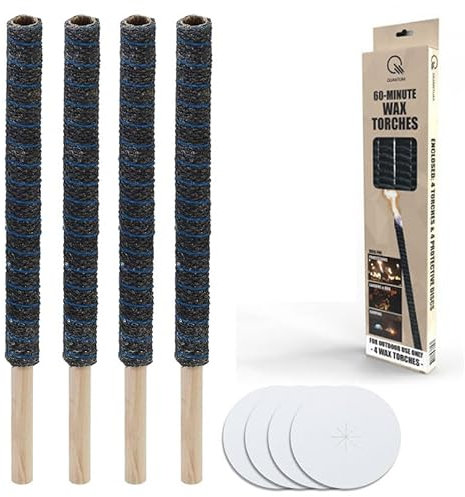 Lot de 4 torches en cire naturelle | 50 cm de long avec une durée de combustion de 60 minutes | Disques anti-gouttes inclus | Idéal pour les processions, Halloween, la randonnée, les fêtes de jardin,