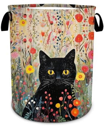 Black Cat Laundry Basket, Flower Floral Laundry Hamper Foldable Waterproof Tote Bag Dirty Clothes Storage Bucket Toy Organizer for Bathroom/Laundry/Bedroom 15.7x19.6