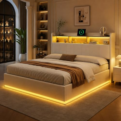BLSYHDH - Letto baule 160 x 200 cm, letto imbottito a LED con sistema idraulico e cassapanca, letto matrimoniale con contenitore, con testiera e rete a doghe, (bianco+flanella)